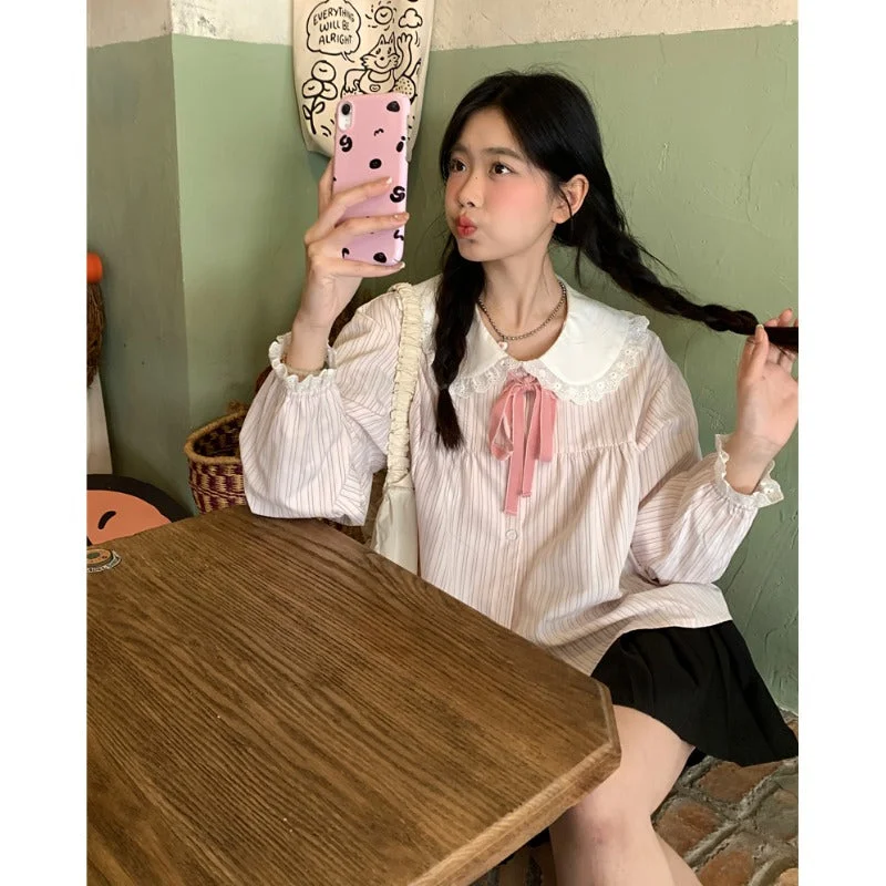 Women's Korean Style Doll Collar Lace-up Striped Shirt