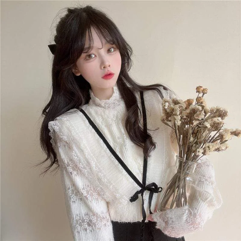 Women's Korean Style Stand Collar Lace Winter Shirt