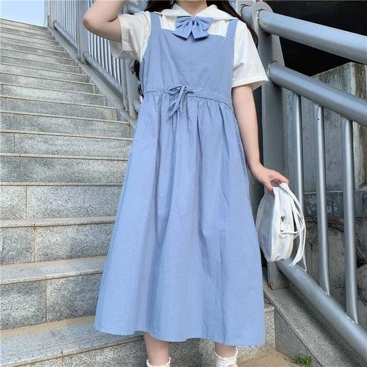 Women's Lovely Bowknot Suspender Maxi Dress With White Shirts