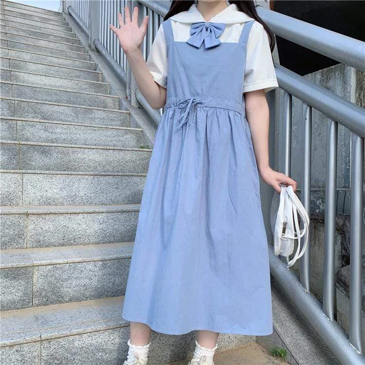 Women's Lovely Bowknot Suspender Maxi Dress With White Shirts