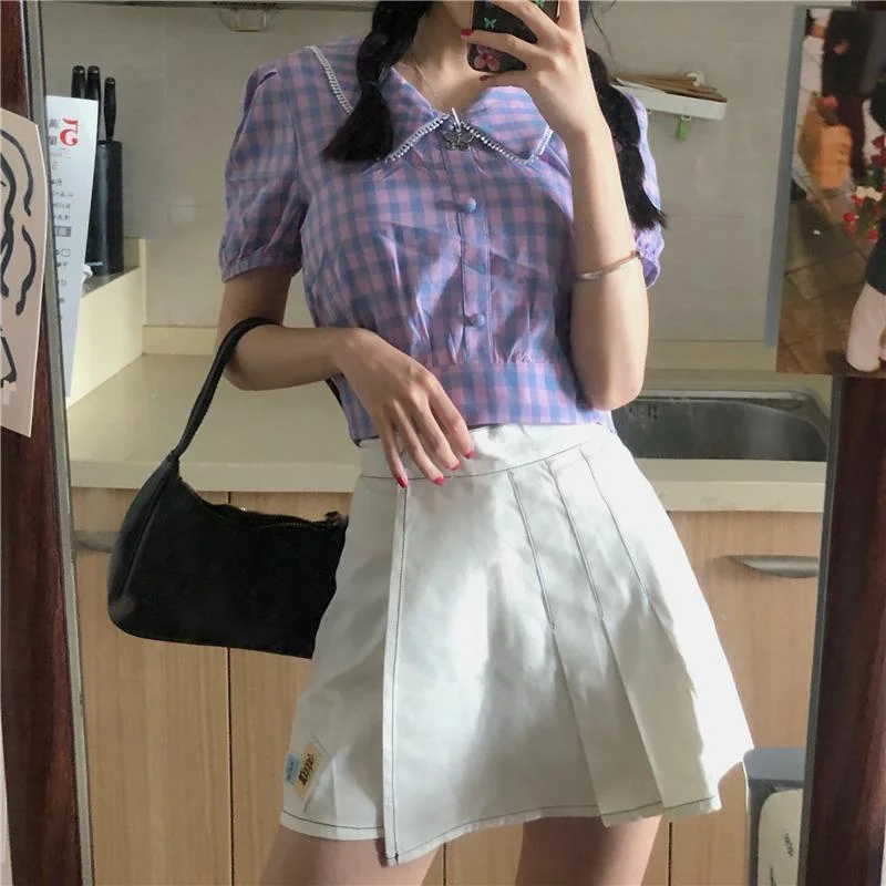 Women's Peter Pan Collar Plaid Short Tops And Irregular Pleated Culottes