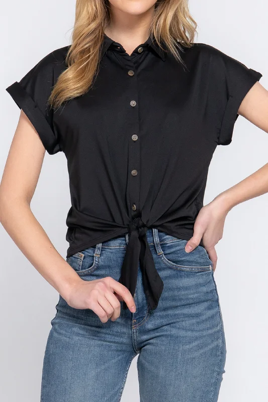 Women's Short Sleeve Front Tie Detail Stretch ITY Top