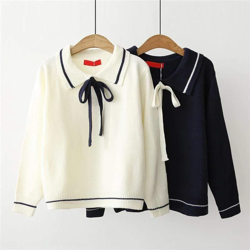 Women's Sweet Bowknot Lace-up Sailor Collar  Contrast Color Sweaters