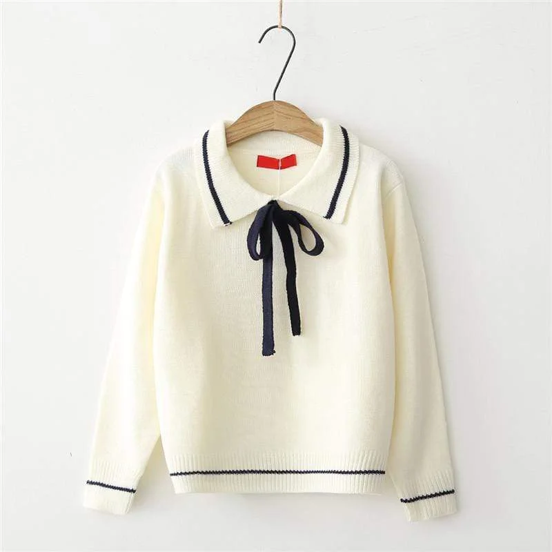 Women's Sweet Bowknot Lace-up Sailor Collar  Contrast Color Sweaters