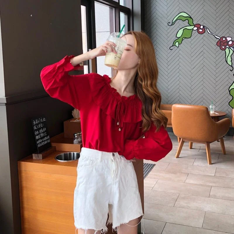 Women's Sweet Lace-up Falbala Collar Long Sleeved Shirts