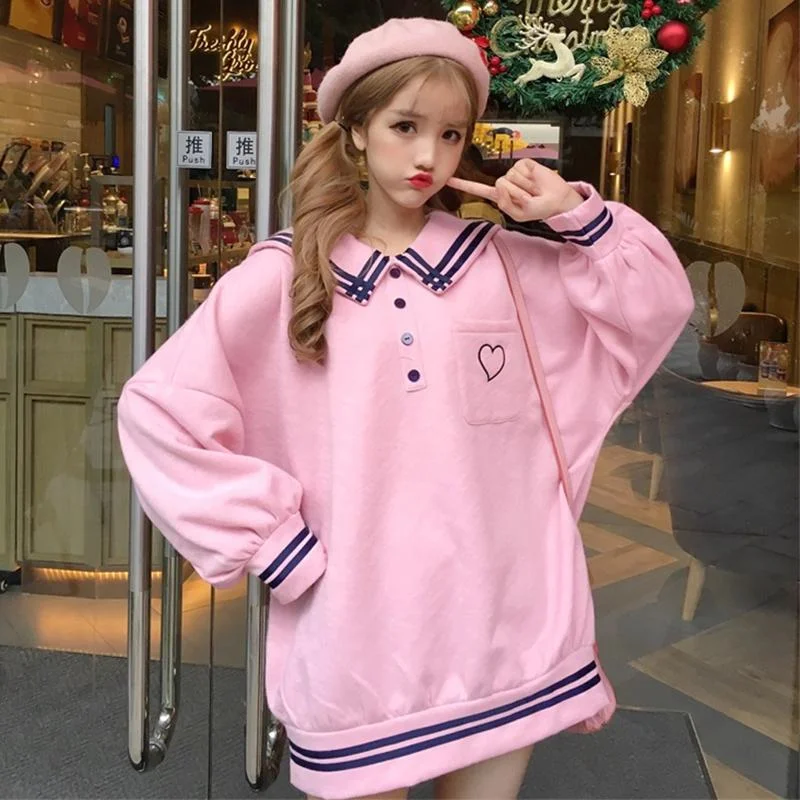 Women's Sweet Sailor Collar Puff Sleeved Heart Autumn Sweaters 