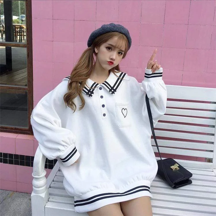 Women's Sweet Sailor Collar Puff Sleeved Heart Autumn Sweaters 