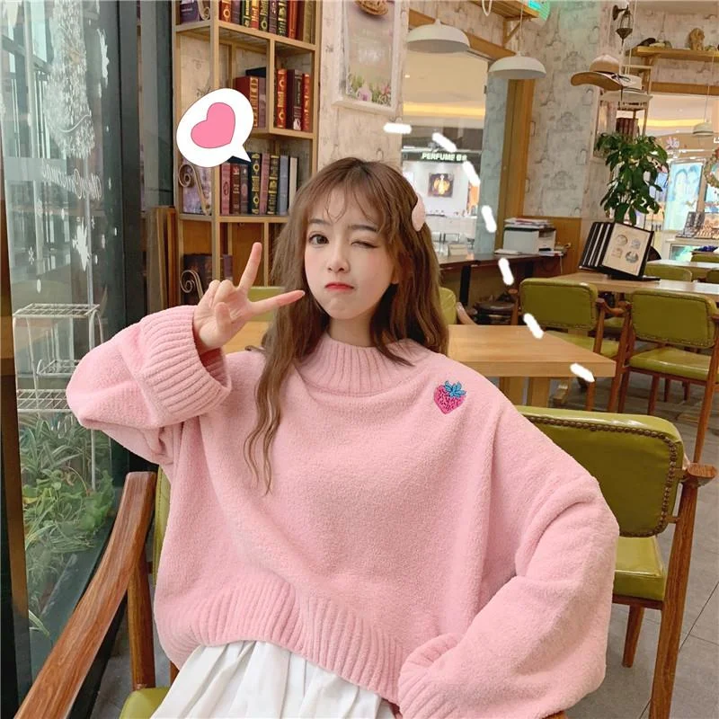 Women's Sweet Strawberry Pure Color Puff Sleeved Sweaters