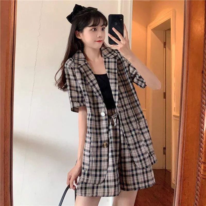 Women's Turn-down Collar Shirts With Pocket&Plaid Shorts