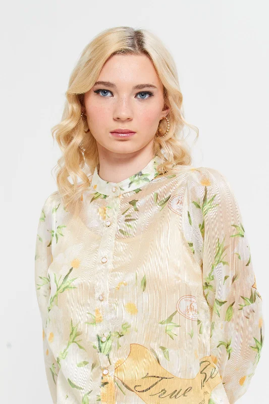 Women Yellow Printed Buttoned Long Sleeves Shirt