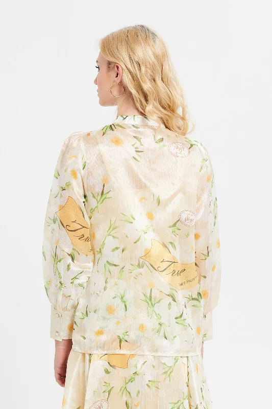 Women Yellow Printed Buttoned Long Sleeves Shirt